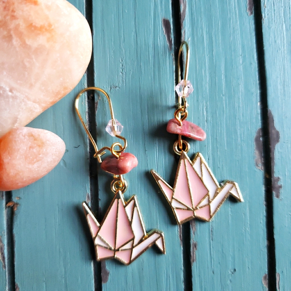Handmade Elegant & Cute Origami Paper Crane × Quartz × Crystal Healing Earrings